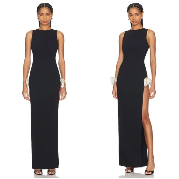 Atoir Reformation Jana Bow Dress Size 6 Slit Black and Cream Black Tie Formal - Picture 4 of 14